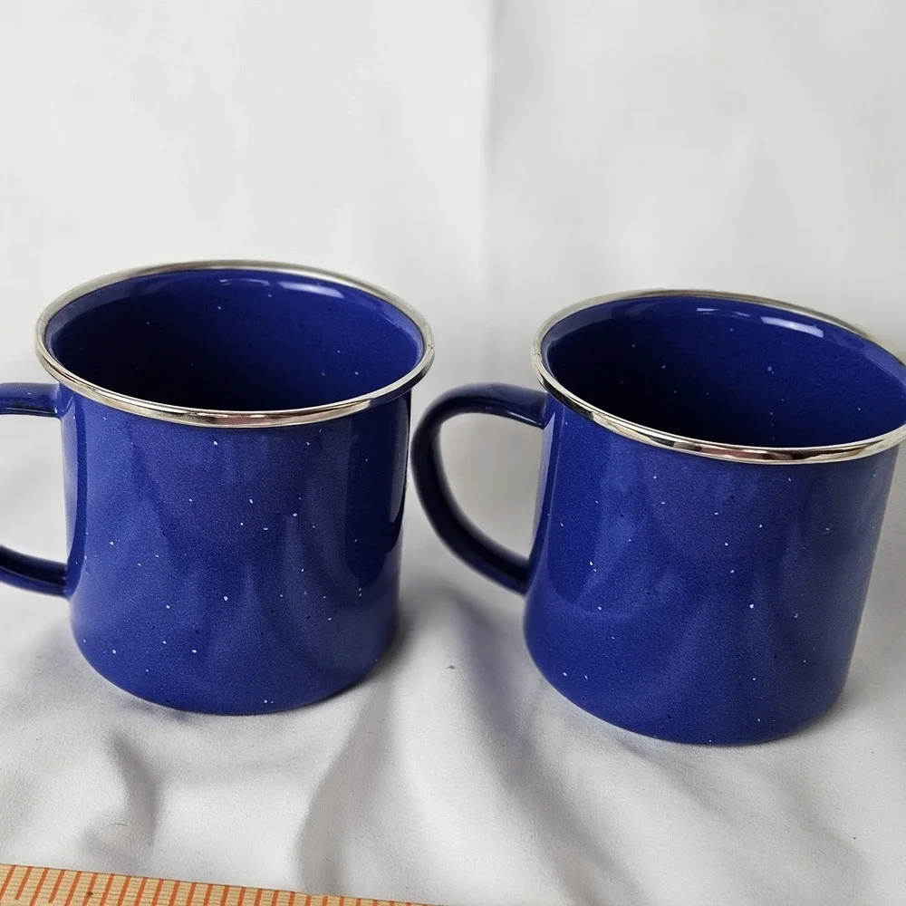2 Enamelware Coffee Water Cup Blue Speckled 3-1/4